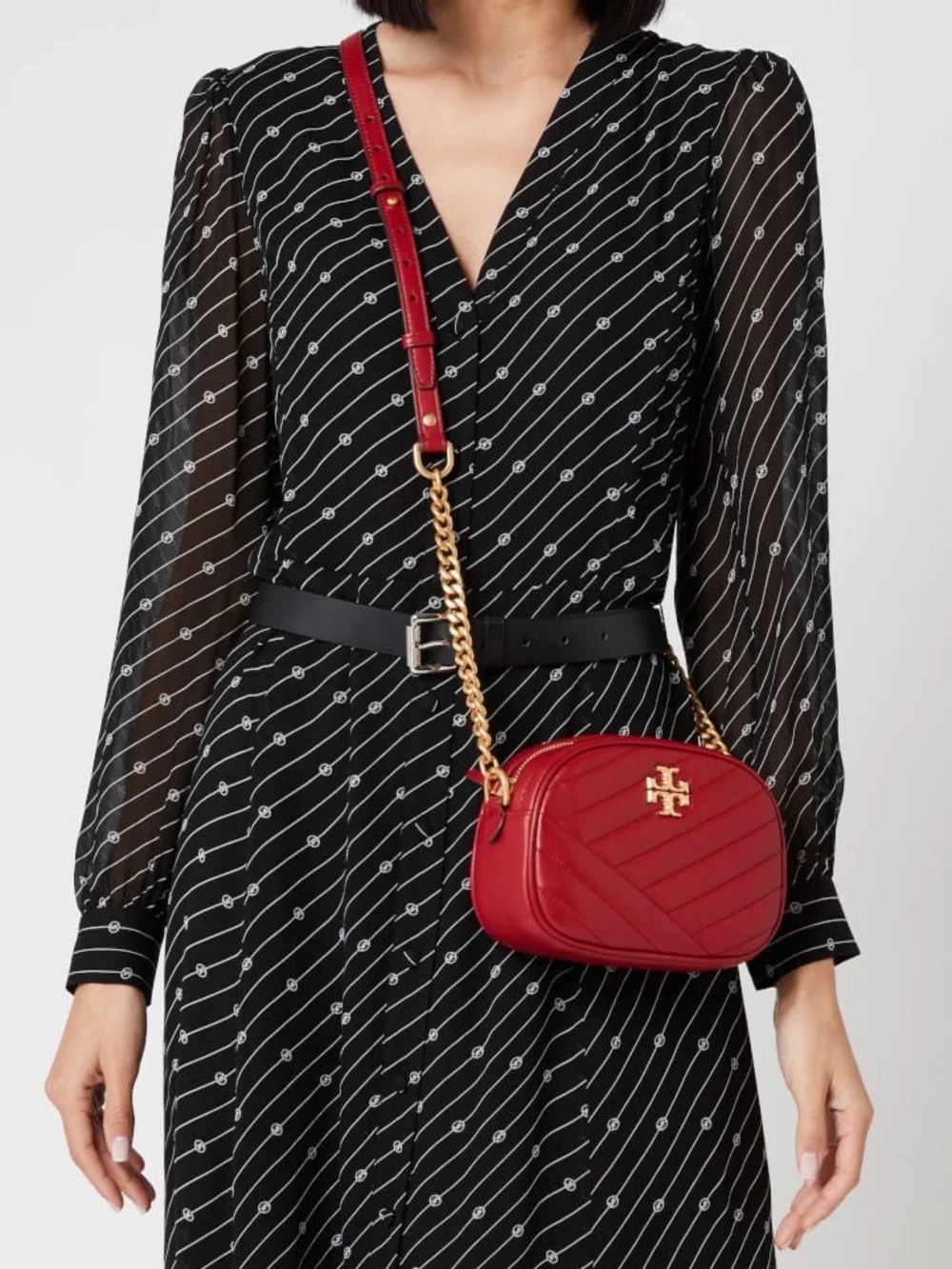 ‼️Tory Burch Kira Chevron Red Leather Camera Crossbody Bag